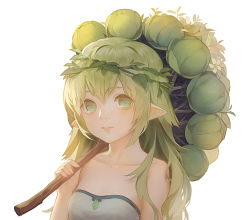 Rule 34 | 1girl, bad id, bad pixiv id, bare shoulders, breasts, character request, closed mouth, echosdoodle, green eyes, green hair, long hair, looking at viewer, monster strike, parted lips, plant, simple background, small breasts, smile, solo, upper body, white background