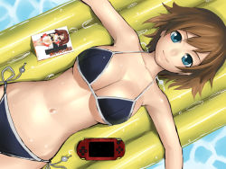 Rule 34 | 00s, 1girl, afloat, armpits, asahina mikuru, bikini, black bikini, blue eyes, breasts, brown hair, cleavage, from above, handheld game console, inflatable raft, k+, large breasts, light smile, looking at viewer, lying, manga (object), navel, on back, original, outstretched arms, playstation portable, pool, short hair, side-tie bikini bottom, solo, spread arms, suzumiya haruhi no yuuutsu, swimsuit, underboob, water, wet