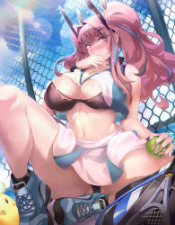 Rule 34 | 1girl, absurdres, ankle socks, azur lane, bag, ball, bare shoulders, bird, black bra, black panties, black socks, blue sky, blush, bra, breasts, bremerton (azur lane), bremerton (scorching-hot training) (azur lane), chain-link fence, chick, cleavage, closed mouth, clothes lift, cloud, collared shirt, commentary, crop top, day, artistic error, fence, full body, green footwear, green skirt, grey hair, hair between eyes, hair intakes, hair ornament, hairclip, hand up, heart, heart necklace, highres, holding, holding ball, jewelry, kylezhang42, large breasts, lens flare, long hair, looking at viewer, manjuu (azur lane), midriff, mole, multicolored hair, navel, necklace, nose blush, ocean, official alternate costume, outdoors, panties, pink eyes, pink hair, racket, revision, shirt, shirt lift, shoes, sidelocks, sitting, skirt, sky, sleeveless, sleeveless shirt, sneakers, socks, solo, sportswear, streaked hair, sweat, tennis ball, tennis racket, tennis uniform, twintails, two-tone hair, two-tone shirt, two-tone skirt, underwear, white shirt, white skirt, wristband, x hair ornament