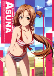 Rule 34 | 10s, 1girl, absurdres, artist request, asuna (sao), beach, bikini, breasts, brown eyes, brown hair, character name, cleavage, cloud, copyright name, highres, long hair, navel, ocean, official art, ponytail, sand, sky, solo, striped bikini, striped clothes, swimsuit, sword art online, water