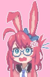 Rule 34 | 1girl, ahoge, anger vein, angry, animal ears, blue-framed eyewear, borrowed character, bow, rabbit ears, glasses, green eyes, hair bow, hcnone, headphones, headphones around neck, highres, long hair, looking at viewer, necktie, open mouth, original, pink background, pixel art, red hair, simple background, solo, upper body, v-shaped eyebrows