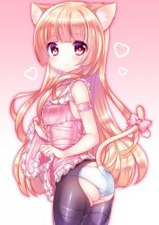 Rule 34 | 1girl, animal ears, arm garter, ass, babydoll, black pantyhose, blonde hair, blush, bow, cat ears, cowboy shot, frills, gradient background, heart, heart-shaped pupils, long hair, natsume asato, original, panties, pantyhose, red eyes, simple background, solo, symbol-shaped pupils, tail, tail bow, tail ornament, thighband pantyhose, torn clothes, torn pantyhose, underwear, very long hair, white panties