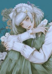 Rule 34 | 1girl, absurdres, avocado2o2, blue eyes, dress, flower, frills, ghost, green dress, hair ornament, highres, indie virtual youtuber, long dress, looking at viewer, maid, maid headdress, mint fantome, solo, virtual youtuber, white hair, x hair ornament