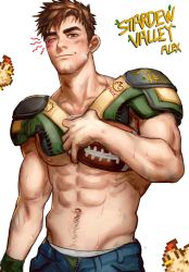 Rule 34 | 1boy, abs, alex (stardew valley), ball, bara, brown hair, bruise, bruise on face, bruised eye, closed mouth, green eyes, greenteaa, highres, holding, holding ball, injury, looking at viewer, male focus, male underwear, muscular, muscular male, navel, one eye closed, open pants, pants, pectorals, rugby ball, rugby uniform, short hair, smile, solo, sportswear, stardew valley, sweat, sweatdrop, underwear, wrist cuffs