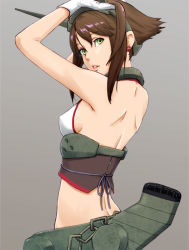 Rule 34 | 10s, 1girl, arms up, back, bare shoulders, breasts, brown hair, butt crack, earrings, gloves, green eyes, grey background, jewelry, kaburagi yuki, kantai collection, lips, long hair, looking back, mutsu (kancolle), parted lips, sideboob, simple background, small breasts, solo