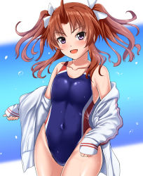 Rule 34 | 1girl, :d, ahoge, alternate costume, bare shoulders, blush, breasts, brown hair, collarbone, commentary request, competition swimsuit, covered navel, cowboy shot, hair ribbon, highres, jacket, kagerou (kancolle), kagerou kai ni (kancolle), kantai collection, long hair, looking at viewer, navel, off shoulder, one-piece swimsuit, open mouth, purple eyes, revision, ribbon, small breasts, smile, solo, sportswear, swimsuit, twintails, water drop, white ribbon, zanntetu