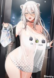 Rule 34 | 1girl, animal ears, bag, blurry, blurry background, blush, breasts, city, collarbone, covered navel, cowboy shot, grey eyes, grey hair, hair between eyes, handplug, highres, holding, holding bag, hololive, jacket, large breasts, lion ears, lion tail, long sleeves, looking at viewer, matching hair/eyes, night, night sky, no bra, no panties, off shoulder, open mouth, outdoors, plastic bag, see-through, see-through shirt, shirt, shishiro botan, shishiro botan (casual), sky, smile, solo, standing, sweat, tail, virtual youtuber, white shirt