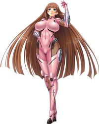 Rule 34 | 1girl, aoi nagisa (metalder), arm guards, armor, blue eyes, bodysuit, breasts, brown hair, covered navel, curvy, female focus, fishnets, full body, gloves, hand on own hip, hand up, high heels, highres, impossible bodysuit, impossible clothes, koukawa asuka, large breasts, lilith-soft, long hair, looking at viewer, official art, parted lips, pink bodysuit, shiny clothes, shiny skin, skin tight, smile, solo, standing, taimanin (series), taimanin asagi, taimanin rpgx, thighhighs, transparent background, very long hair