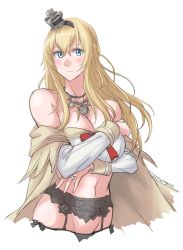 Rule 34 | 1girl, absurdres, adapted costume, black hairband, black panties, blonde hair, blue eyes, braid, commentary request, cowboy shot, crossed arms, crown, flower, french braid, garter belt, garter straps, groin, hairband, highres, jewelry, kantai collection, long hair, long sleeves, looking at viewer, mini crown, navel, necklace, off shoulder, panties, red flower, red ribbon, red rose, ribbon, ring, rose, simple background, solo, sozan, underwear, warspite (kancolle), wedding band, white background