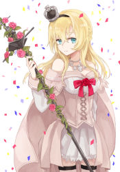 Rule 34 | 10s, 1girl, blonde hair, blue eyes, braid, confetti, corset, crown, dress, flower, french braid, garter straps, holding, holding staff, kantai collection, long hair, long sleeves, looking at viewer, masunosushi, mini crown, off shoulder, red ribbon, red rose, ribbon, rose, smile, solo, staff, thighhighs, warspite (kancolle), white dress