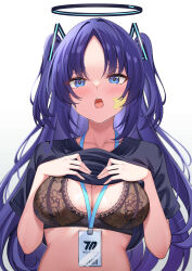 Rule 34 | 1girl, :o, absurdres, black bra, black shirt, blue archive, blush, bra, breasts, cleavage, collarbone, embroidered bra, halo, highres, lanyard, looking at viewer, medium breasts, parted bangs, purple hair, shirt, simple background, solo, star sticker, sticker on face, sweetcheese, two side up, underwear, upper body, white background, yuuka (blue archive), yuuka (track) (blue archive)