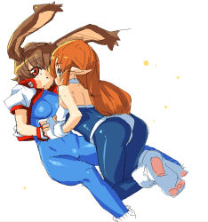 Rule 34 | 2girls, animal ears, animal hands, ass, blue bodysuit, blue eyes, bodysuit, brown eyes, brown hair, choker, cropped jacket, crossover, fingerless gloves, galaxy fight, gloves, holding hands, long hair, looking at viewer, loose socks, makihara arina, multiple girls, oekaki, orange hair, paw gloves, paw shoes, pointy ears, rabbit ears, roomi, ryao, shoes, short hair, simple background, skin tight, socks, waku waku 7, white background