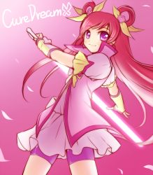 Rule 34 | 00s, 1girl, arakawa tarou, bike shorts, bike shorts under skirt, blush, character name, cure dream, earrings, energy sword, english text, eyelashes, hair ornament, hair ribbon, hair rings, half updo, happy, highres, jewelry, lightsaber, long hair, looking at viewer, magical girl, pink background, pink eyes, pink hair, pink shorts, pink theme, precure, puffy sleeves, ribbon, shirt, shorts, shorts under skirt, skirt, smile, solo, standing, sword, very long hair, vest, weapon, wrist cuffs, yes! precure 5, yes! precure 5 gogo!, yumehara nozomi
