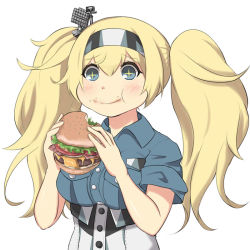 Rule 34 | + +, 1girl, blonde hair, blue eyes, blue shirt, breast pocket, burger, commentary request, eating, food, food on face, gambier bay (kancolle), hair between eyes, hair ornament, hairband, kantai collection, long hair, multicolored hairband, pocket, shirt, simple background, smile, solo, twintails, upper body, white background, yukimi unagi