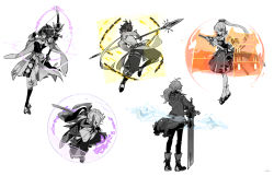Rule 34 | 2girls, 3boys, armor, arrow (projectile), ayaka (genshin impact), boots, bow (weapon), breast curtain, breasts, coat, commentary request, diluc (genshin impact), drawing bow, dress, from behind, full body, gameplay mechanics, genshin impact, greyscale, holding, holding bow (weapon), holding weapon, kaedehara kazuha, kujou sara, long hair, low ponytail, monochrome, multiple boys, multiple girls, nendo (n), okobo, pants, pelvic curtain, polearm, sandals, scarf, sheath, shirt, short hair, sidelocks, simple background, skirt, socks, spear, spot color, standing, sword, tabi, unsheathing, weapon, white background, xiao (genshin impact)