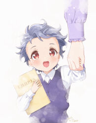Rule 34 | 1boy, 1girl, aged down, artist name, blue vest, blush, book, child, collared shirt, dated, grey hair, happy, holding, holding book, holding hands, krudears, long sleeves, mother and son, open mouth, purple sleeves, red eyes, sheet music, shirt, shitara seiji, short hair, smile, sweater vest, tokimeki memorial, tokimeki memorial girl&#039;s side 3rd story, vest, white background, white shirt