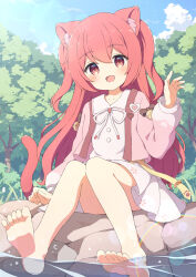 Rule 34 | 1girl, :d, animal ears, barefoot, blue sky, blush, cardigan, cat ears, cat girl, cat tail, cloud, collarbone, commission, day, dress, feet, flat chest, forest, hair between eyes, head tilt, highres, knees together feet apart, lens flare, long hair, long sleeves, looking at viewer, nature, neck ribbon, open cardigan, open clothes, open mouth, original, outdoors, pink cardigan, plant, raised eyebrows, red eyes, red hair, ribbon, rock, sailor collar, sailor dress, short dress, sidelocks, sitting, skeb commission, sky, smile, soles, solo, straight hair, tail, toes, tree, two side up, tyomimas, water, white dress, white sailor collar