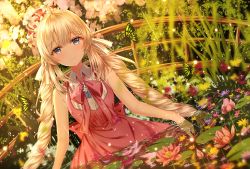 Rule 34 | 1girl, absurdres, animal, bare arms, bare shoulders, blonde hair, blue eyes, blurry, blush, bug, butterfly, closed mouth, collared shirt, commentary, dress, english commentary, fate/grand order, fate (series), flower, flower on liquid, frilled hat, frills, hat, hat flower, highres, huge filesize, insect, junpaku karen, lily pad, long hair, low twintails, marie antoinette (fate), marie antoinette (fgo orchestra) (fate), mini hat, official alternate costume, pink flower, purple flower, red dress, red hat, shirt, sleeveless, sleeveless dress, sleeveless shirt, smile, solo, tilted headwear, twintails, very long hair, water, white flower, white shirt, yellow flower