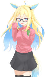Rule 34 | 1girl, absurdres, adjusting eyewear, ahoge, alternate costume, animal ears, bespectacled, blonde hair, blue eyes, blush, book, breasts, casual, glasses, highres, horse ears, horse tail, kudo (user dzch8572), medium breasts, multicolored hair, neo universe (umamusume), open mouth, simple background, solo, tail, thighhighs, two-tone hair, umamusume, white background
