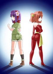 Rule 34 | 2girls, alternate costume, ass, bell, bodysuit, boots, breasts, flower, from behind, hair bell, hair flower, hair ornament, hieda no akyuu, high heel boots, high heels, jingle bell, kousei (public planet), looking back, motoori kosuzu, multiple girls, open mouth, parted lips, purple eyes, purple hair, red eyes, red hair, scarf, shiny clothes, shiny skin, shirt, short hair, short shorts, shorts, side ponytail, sideboob, smile, touhou, two side up