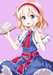 Rule 34 | 1girl, :d, alice margatroid, blonde hair, blue dress, blue eyes, blush, book, breasts, capelet, commentary request, cowboy shot, dress, hair between eyes, hairband, hands up, highres, holding, holding book, index finger raised, lolita hairband, looking at viewer, open mouth, petticoat, purple background, red hairband, red neckwear, red sash, ruu (tksymkw), sash, short hair, simple background, small breasts, smile, solo, touhou, white capelet, wing collar