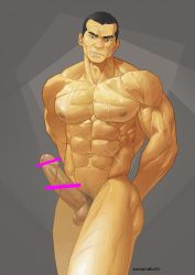 Rule 34 | 1boy, abs, bar censor, censored, erection, highres, makuro (inmomakuro), male focus, muscular, nude, pectorals, penis, scar, solo, tagme