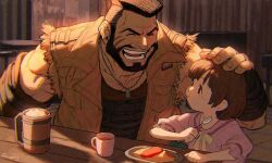 Rule 34 | 1boy, 1girl, barret wallace, beer mug, brown hair, brown vest, child, closed eyes, commentary request, cup, dark-skinned male, dark skin, dress, facial hair, facial scar, father and daughter, final fantasy, final fantasy vii, final fantasy vii remake, food, hand on another&#039;s head, happy, highres, holding, holding spoon, indoors, looking at another, marlene wallace, mug, nanpou (nanpou0021), open mouth, pink dress, scar, scar on cheek, scar on face, short hair, signature, spoon, table, upper body, vest