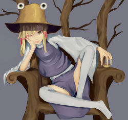 Rule 34 | 1girl, bare tree, blonde hair, chair, cup, full body, grey background, hair ribbon, hand on own cheek, hand on own face, hat, head rest, highres, holding, leaning to the side, moriya suwako, no shoes, on chair, one eye closed, red ribbon, ribbon, rira, sakazuki, sitting, skirt, skirt set, smile, solo, thighhighs, touhou, tree, upskirt, white thighhighs, wide sleeves, yellow eyes