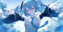 Rule 34 | 1girl, aqua eyes, aqua hair, aqua nails, bare shoulders, closed eyes, cloud, cloudy sky, collared shirt, detached sleeves, hair ornament, hatsune miku, headphones, highres, long hair, nail polish, necktie, outstretched arms, project diva (series), shirt, sky, smile, tears, twintails, very long hair, vocaloid, zhong chai
