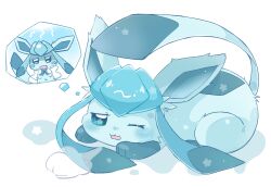 animal_ears animal_hands blue_fur blush breath creatures_(company) game_freak gen_4_pokemon glaceon lying nintendo on_stomach one_eye_closed open_mouth pokemon ramuawa sparkling_eyes speech_bubble tail thought_bubble