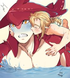 Rule 34 | 2boys, blonde hair, blush, interspecies, kiss, kukumomo, link, monster boy, multiple boys, nintendo, pointy ears, ponytail, shark, shark boy, topless male, sidon, size difference, surprised, swimming, the legend of zelda, water, yaoi