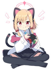 Rule 34 | 1girl, animal ear headphones, animal ears, black thighhighs, blonde hair, blue archive, bow, cat tail, controller, fake animal ears, game controller, hair bow, halo, headphones, highres, holding, holding controller, holding game controller, indian style, jacket, massala, pink halo, red eyes, shirt, simple background, sitting, skirt, solo, tail, thighhighs, tongue, tongue out, white background