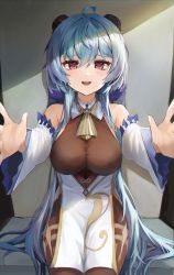 Rule 34 | 1girl, :d, absurdres, ahoge, bare shoulders, bell, blue hair, blush, bodystocking, bodysuit, bodysuit under clothes, breasts, brown bodysuit, detached collar, detached sleeves, ganyu (genshin impact), genshin impact, goat horns, hair between eyes, highres, horns, indoors, large breasts, long hair, long sleeves, looking at viewer, maya (gpmp3825), neck bell, open mouth, outstretched hand, pelvic curtain, purple eyes, sidelocks, sitting, smile, solo, teeth, very long hair, wide sleeves