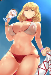 Rule 34 | 1girl, absurdres, azur lane, bikini, blonde hair, blue sky, blush, bracelet, braid, breasts, cafekun, choker, collarbone, commentary request, covered erect nipples, cowboy shot, crown braid, cup, day, earrings, flower, french braid, from below, highres, holding, holding cup, holding towel, jewelry, large breasts, looking at viewer, navel, outdoors, prince of wales (azur lane), prince of wales (sun shining upon windsor) (azur lane), red eyes, revision, short hair, sky, smile, solo, standing, swimsuit, thighs, towel