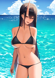 Rule 34 | 1girl, :d, absurdres, arm behind back, bikini, black bikini, black hair, blush, breasts, cleavage, collarbone, commentary, cowboy shot, day, english commentary, highres, horns, large breasts, long hair, looking at viewer, lordol, navel, ocean, open mouth, original, outdoors, red eyes, single horn, smile, solo, stomach, swimsuit, thighs, underboob, water