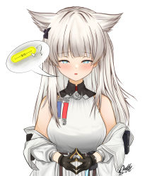 Rule 34 | 1girl, animal ears, anlly, arknights, arknights: endfield, bare shoulders, black gloves, blue eyes, blush, breasts, commentary request, cursor, dated, dress, gloves, grey hair, half-closed eyes, highres, jacket, long hair, long sleeves, looking at viewer, medium breasts, off shoulder, open clothes, open jacket, parted lips, perlica (arknights), puffy long sleeves, puffy sleeves, signature, simple background, sleeveless, sleeveless dress, solo, speech bubble, steepled fingers, translation request, upper body, very long hair, white background, white dress, white jacket