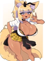 Rule 34 | 1girl, absurdres, animal ear fluff, animal ears, animal print, blonde hair, bra, breasts, choker, cleavage, clothes around waist, commission, cosplay, daigada, dark-skinned female, dark skin, ear piercing, facial mark, fellatio gesture, fox ears, fox girl, fox tail, goddess of victory: nikke, gyaru, hand on own hip, highres, jacket, jacket around waist, large breasts, leopard print, long hair, microskirt, open mouth, original, partially unbuttoned, piercing, ponytail, purple eyes, purple nails, rupee (nikke), rupee (nikke) (cosplay), shirt, simple background, skirt, smile, solo, tail, thick thighs, thighs, tongue, tongue out, underwear, very long hair, white shirt