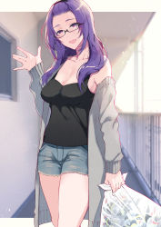 Rule 34 | 1girl, bangs pinned back, blurry, blurry background, breasts, camisole, cleavage, commentary, denim, denim shorts, glasses, highres, holding, large breasts, long hair, looking at viewer, off shoulder, open mouth, original, pochi (pochi-goya), purple eyes, purple hair, short shorts, shorts, smile, solo, strong zero, sweater, torn clothes, torn shorts, trash bag, waving