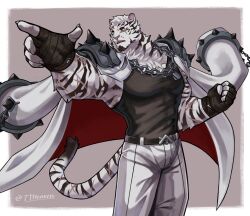 Rule 34 | 1boy, 7th art forge, abs, absurdres, animal ears, arknights, bandaged hand, bandages, bara, belt, black bandages, black belt, black shirt, claws, clenched hand, commentary, english commentary, facial scar, formal, furry, furry male, highres, male focus, mountain (arknights), multiple scars, muscular, muscular male, pants, pectorals, scar, scar across eye, scar on arm, scar on cheek, scar on face, scar on tail, shirt, spiked pauldrons, suit, tail, tiger boy, tiger ears, tiger stripes, tiger tail, twitter username, white pants, white suit