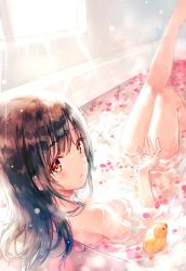 Rule 34 | 1girl, :o, afloat, bath, bathing, bathtub, blush, breasts, brown eyes, brown hair, day, from behind, hiten (hitenkei), legs up, light rays, long hair, looking at viewer, looking back, nude, original, parted lips, partially submerged, petals, rubber duck, small breasts, solo, sunlight, water, wet, wet hair, window