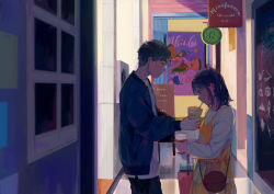 Rule 34 | 1boy, 1girl, air conditioner, arms up, bag, black hair, black pants, blue jacket, closed eyes, commentary, cup, dating, dress, drinking, drinking straw, from side, hair ribbon, hallway, height difference, holding, holding bag, holding cup, jacket, long sleeves, menu board, open clothes, open jacket, original, pants, pink ribbon, poster (medium), profile, ribbon, sharing food, shopping bag, short hair, sign, standing, tamomoko, window, yellow dress