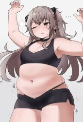 Rule 34 | ..., 1girl, amogan, armpits, blush, breasts, brown hair, commentary, commission, cowboy shot, earrings, english commentary, fat, girls&#039; frontline, grey background, hair between eyes, highres, jewelry, long hair, looking at viewer, medium breasts, navel, navel piercing, notice lines, one eye closed, open hands, open mouth, piercing, pixiv commission, plump, pubic hair, puff of air, shorts, simple background, small breasts, solo, sweat, thick arms, thick thighs, thighs, ump45 (girls&#039; frontline), yellow eyes