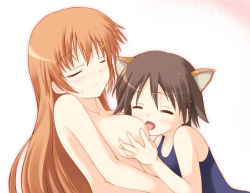 Rule 34 | 00s, 2girls, animal ears, blush, grabbing another&#039;s breast, licking breast, breasts, brown hair, cat ears, charlotte e. yeager, closed eyes, grabbing, large breasts, licking, long hair, miyafuji yoshika, multiple girls, nude, one-piece swimsuit, orange hair, safi, school swimsuit, short hair, small breasts, strike witches, swimsuit, world witches series, yuri