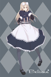 Rule 34 | 1girl, apron, axis powers hetalia, belarus (hetalia), bk3, black footwear, black gloves, black pantyhose, blonde hair, blue background, blue dress, blue eyes, bow, buttons, character name, diamond (shape), dress, dual wielding, full body, gloves, hair bow, highres, holding, lace, lace-trimmed apron, lace-trimmed dress, lace trim, long hair, long sleeves, mary janes, pantyhose, patterned, patterned background, petticoat, puffy long sleeves, puffy sleeves, scissors, shoes, simple background, solo, star (symbol), striped, text focus, white bow, x arms
