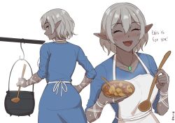 Rule 34 | 1girl, absurdres, apron, blush, bowl, cauldron, cooking, dark-skinned female, dark elf, dark skin, elf, english text, food, green eyes, grey hair, highres, holding, holding bowl, holding ladle, jewelry, ladle, looking at viewer, looking back, mawaridi, milestone celebration, necklace, open mouth, original, pointy ears, short hair, smile, solo, spoon, stew, teeth, yvonne (mawaridi)