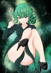 Rule 34 | 1girl, absurdres, ass, aura, black background, black dress, black footwear, breasts, collarbone, dress, floating, green eyes, green hair, highres, laceysx, long sleeves, medium hair, middle finger, one-punch man, shoes, small breasts, solo, tatsumaki, thighs