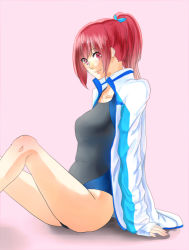 Rule 34 | 10s, 1girl, arm support, bad id, bad pixiv id, competition swimsuit, free!, jacket, long hair, matsuoka gou, one-piece swimsuit, ponytail, red eyes, red hair, swimsuit, track jacket, uda udabi, udabi