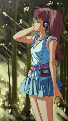 Rule 34 | 1girl, absurdres, arm up, asagiri youko, belt, blue shirt, blue skirt, brown hair, cassette player, closed eyes, commentary request, forest, from side, genmu senki leda, hand on own head, headphones, highres, listening to music, long hair, masaaki endo, miniskirt, nature, open mouth, outdoors, shirt, side ponytail, skirt, sleeveless, sleeveless shirt, solo, thighs, tree, walkman