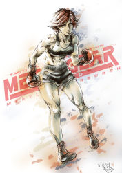 Rule 34 | 1girl, abs, absurdres, blue eyes, boots, boxing gloves, breasts, brown hair, character name, cloudy-0w0, commentary, copyright name, full body, highres, medium breasts, meryl silverburgh, metal gear (series), metal gear solid, midriff, navel, short hair, shorts, sketch, solo, sports bra, tomboy, toned