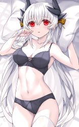 Rule 34 | 1girl, bare shoulders, black bra, black panties, blush, bra, breasts, cleavage, collarbone, dragon girl, dragon horns, fate/grand order, fate (series), highres, horns, kiyohime (fate), large breasts, long hair, looking at viewer, lying, morizono shiki, navel, on back, panties, parted lips, pillow, red eyes, solo, thighhighs, underwear, white hair, white thighhighs